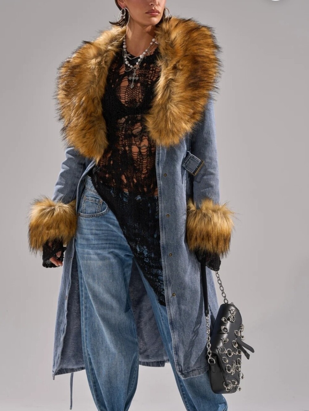 KAYA FUR TRIM DENIM TRENCH Sz M